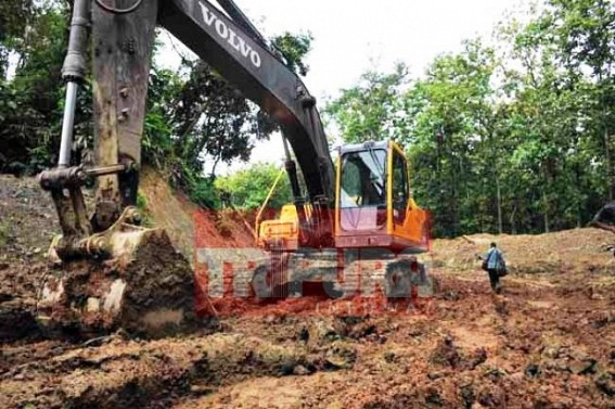 Monsoon hits Assam-Tripura National Highway construction work, goods-loaded trucks in Lowairpoa trap  